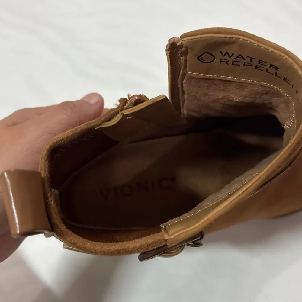 Vionic Womens 8 Tenley Boots Toffee Suede Square Toe Block Heels Party Cocktail